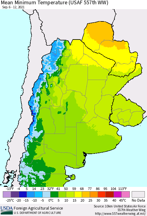Southern South America Mean Minimum Temperature (USAF 557th WW) Thematic Map For 9/6/2021 - 9/12/2021
