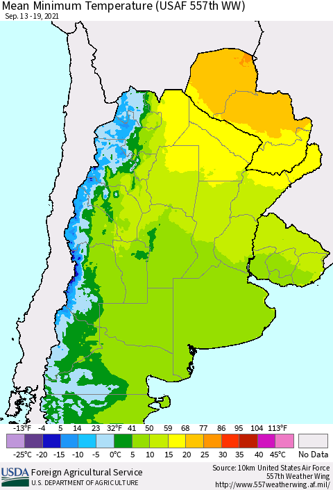 Southern South America Mean Minimum Temperature (USAF 557th WW) Thematic Map For 9/13/2021 - 9/19/2021