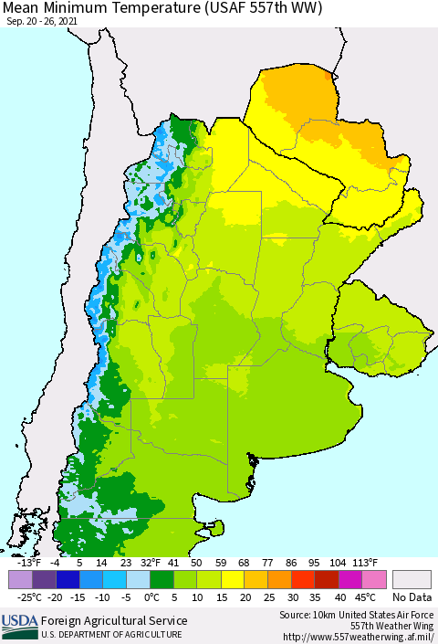 Southern South America Mean Minimum Temperature (USAF 557th WW) Thematic Map For 9/20/2021 - 9/26/2021