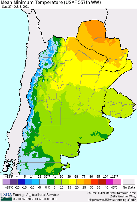 Southern South America Mean Minimum Temperature (USAF 557th WW) Thematic Map For 9/27/2021 - 10/3/2021
