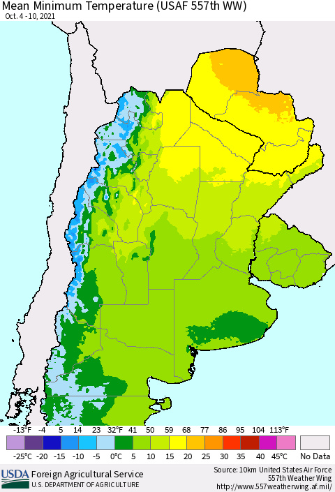 Southern South America Mean Minimum Temperature (USAF 557th WW) Thematic Map For 10/4/2021 - 10/10/2021