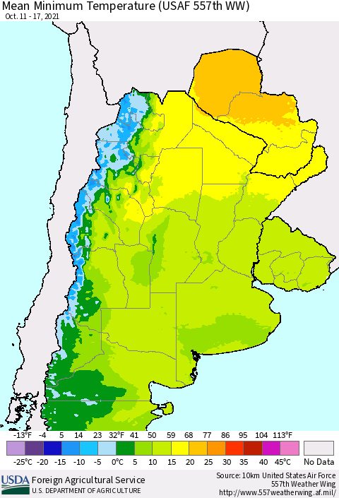 Southern South America Mean Minimum Temperature (USAF 557th WW) Thematic Map For 10/11/2021 - 10/17/2021