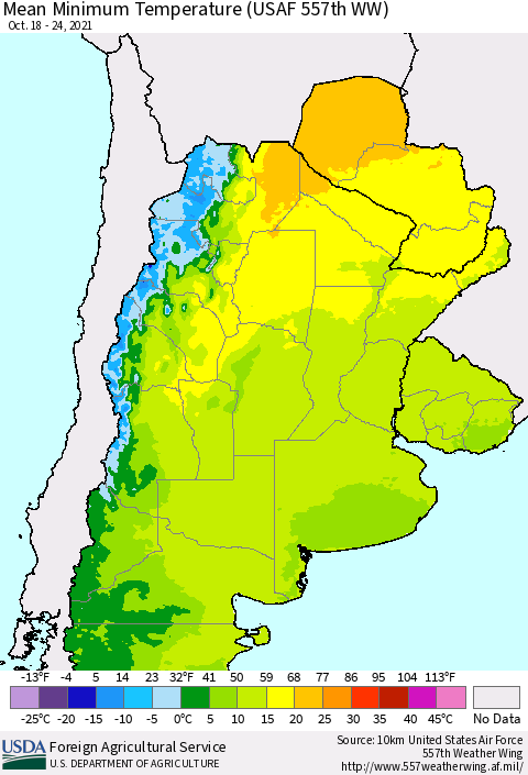 Southern South America Mean Minimum Temperature (USAF 557th WW) Thematic Map For 10/18/2021 - 10/24/2021