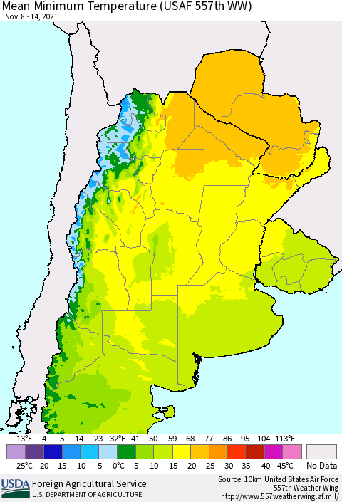 Southern South America Mean Minimum Temperature (USAF 557th WW) Thematic Map For 11/8/2021 - 11/14/2021