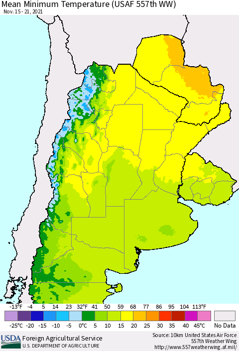 Southern South America Mean Minimum Temperature (USAF 557th WW) Thematic Map For 11/15/2021 - 11/21/2021