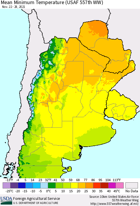 Southern South America Mean Minimum Temperature (USAF 557th WW) Thematic Map For 11/22/2021 - 11/28/2021