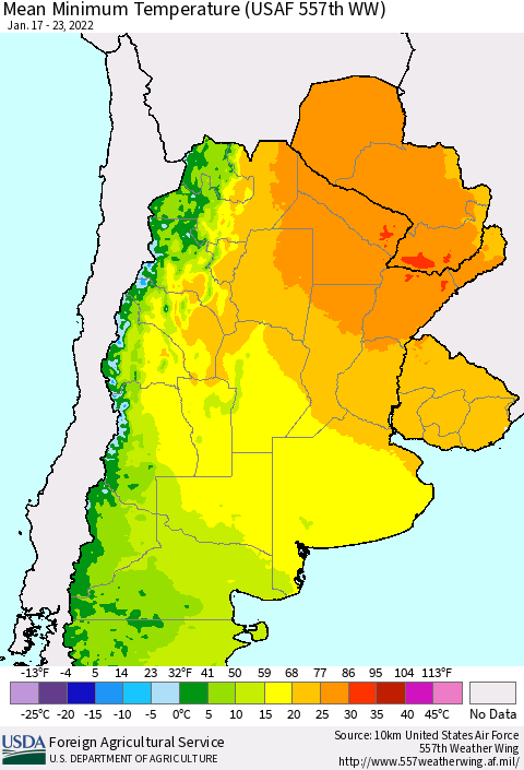 Southern South America Mean Minimum Temperature (USAF 557th WW) Thematic Map For 1/17/2022 - 1/23/2022