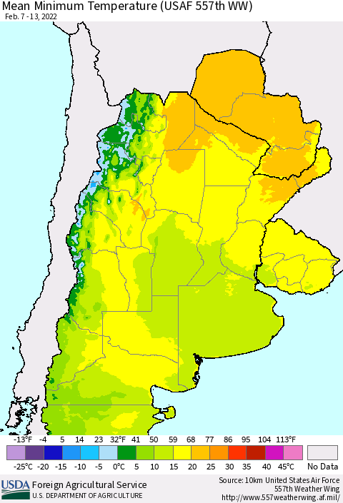 Southern South America Mean Minimum Temperature (USAF 557th WW) Thematic Map For 2/7/2022 - 2/13/2022