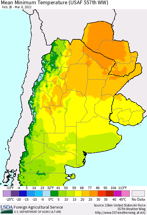 Southern South America Mean Minimum Temperature (USAF 557th WW) Thematic Map For 2/28/2022 - 3/6/2022