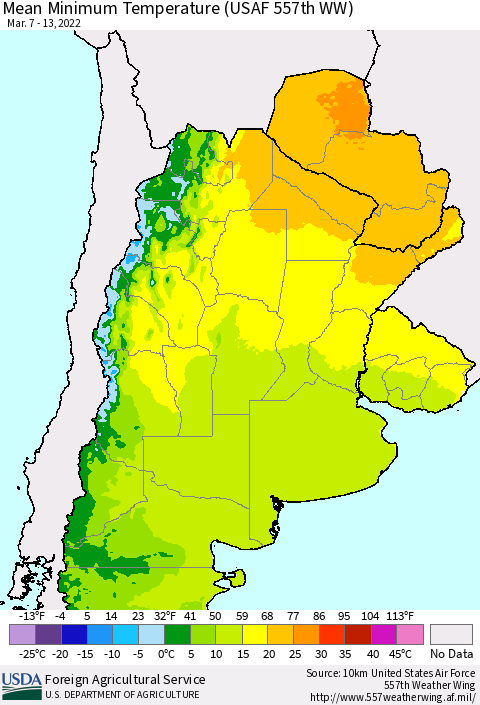 Southern South America Mean Minimum Temperature (USAF 557th WW) Thematic Map For 3/7/2022 - 3/13/2022