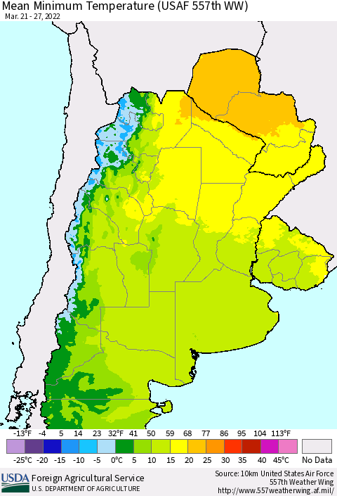 Southern South America Mean Minimum Temperature (USAF 557th WW) Thematic Map For 3/21/2022 - 3/27/2022