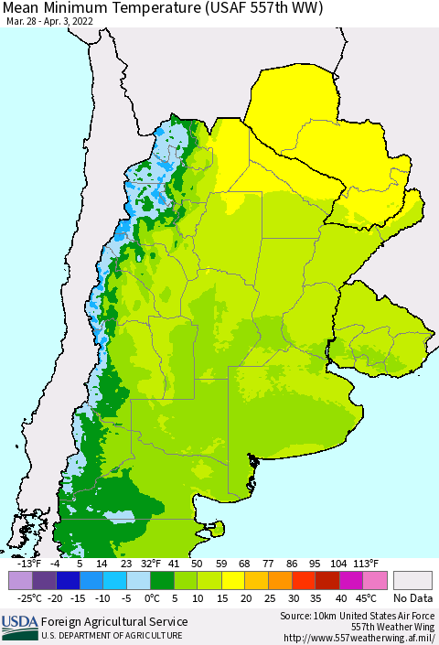 Southern South America Mean Minimum Temperature (USAF 557th WW) Thematic Map For 3/28/2022 - 4/3/2022