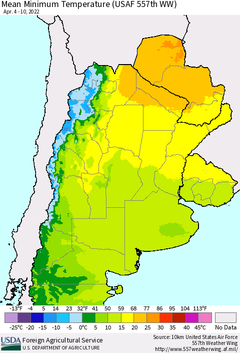 Southern South America Mean Minimum Temperature (USAF 557th WW) Thematic Map For 4/4/2022 - 4/10/2022