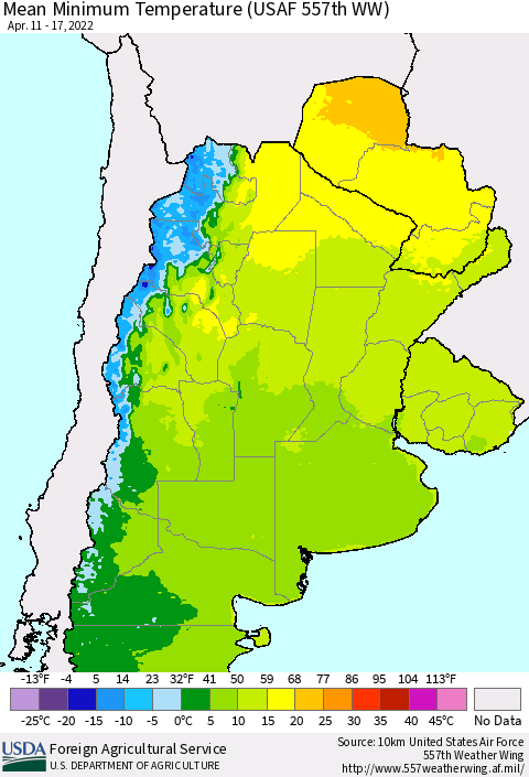Southern South America Mean Minimum Temperature (USAF 557th WW) Thematic Map For 4/11/2022 - 4/17/2022