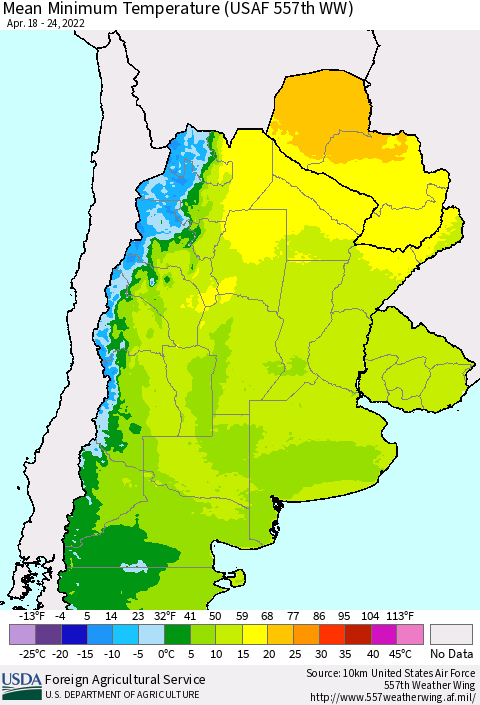 Southern South America Mean Minimum Temperature (USAF 557th WW) Thematic Map For 4/18/2022 - 4/24/2022