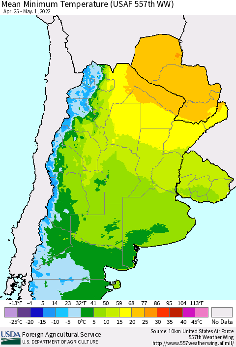 Southern South America Mean Minimum Temperature (USAF 557th WW) Thematic Map For 4/25/2022 - 5/1/2022