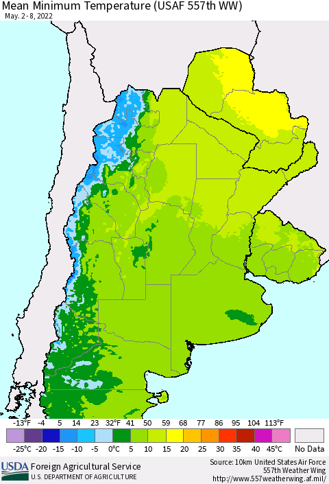 Southern South America Mean Minimum Temperature (USAF 557th WW) Thematic Map For 5/2/2022 - 5/8/2022