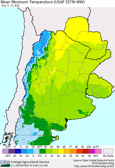 Southern South America Mean Minimum Temperature (USAF 557th WW) Thematic Map For 5/9/2022 - 5/15/2022