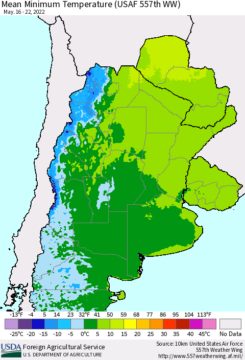 Southern South America Mean Minimum Temperature (USAF 557th WW) Thematic Map For 5/16/2022 - 5/22/2022