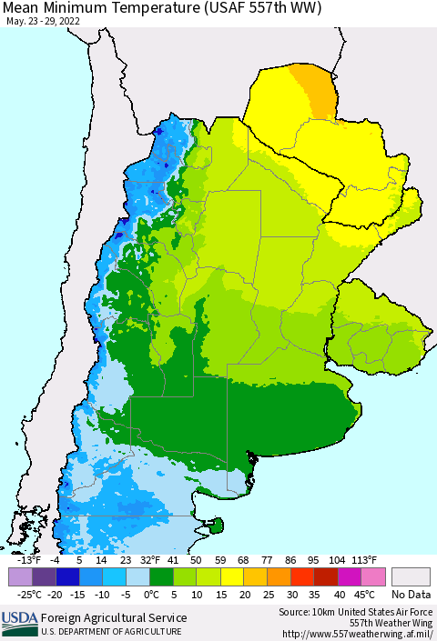 Southern South America Mean Minimum Temperature (USAF 557th WW) Thematic Map For 5/23/2022 - 5/29/2022