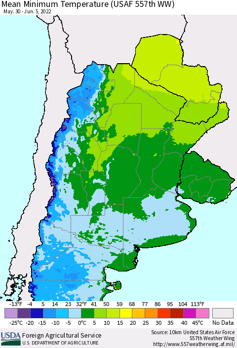Southern South America Mean Minimum Temperature (USAF 557th WW) Thematic Map For 5/30/2022 - 6/5/2022