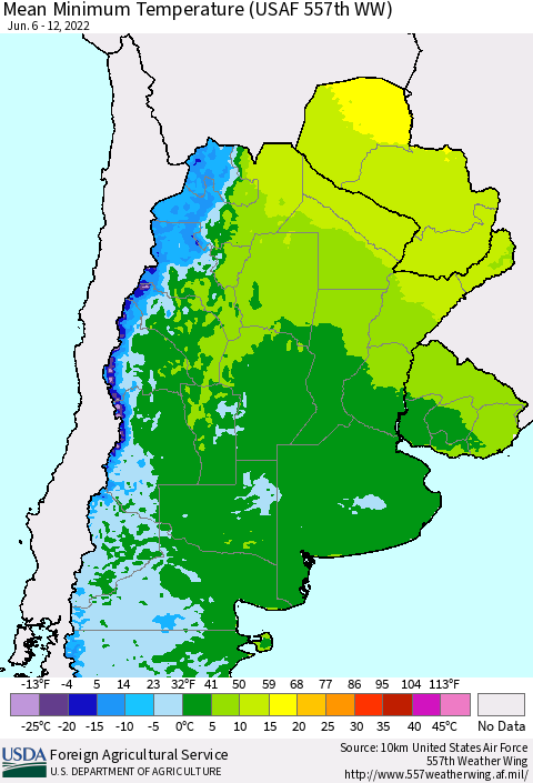 Southern South America Mean Minimum Temperature (USAF 557th WW) Thematic Map For 6/6/2022 - 6/12/2022