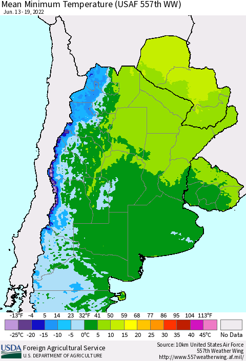 Southern South America Mean Minimum Temperature (USAF 557th WW) Thematic Map For 6/13/2022 - 6/19/2022