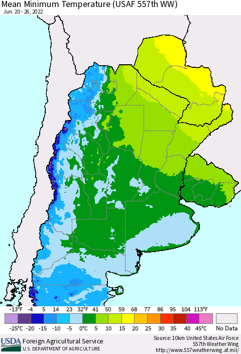 Southern South America Mean Minimum Temperature (USAF 557th WW) Thematic Map For 6/20/2022 - 6/26/2022