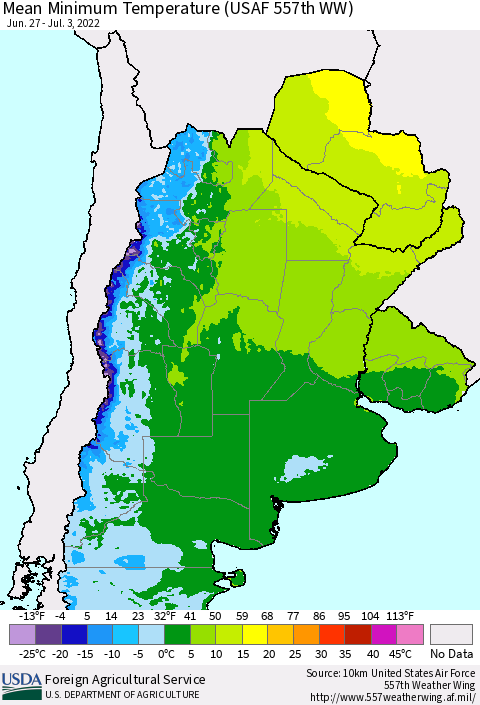 Southern South America Mean Minimum Temperature (USAF 557th WW) Thematic Map For 6/27/2022 - 7/3/2022