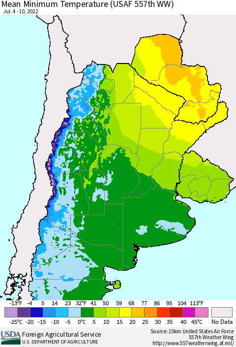 Southern South America Mean Minimum Temperature (USAF 557th WW) Thematic Map For 7/4/2022 - 7/10/2022