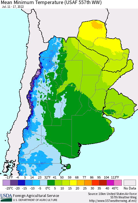 Southern South America Mean Minimum Temperature (USAF 557th WW) Thematic Map For 7/11/2022 - 7/17/2022