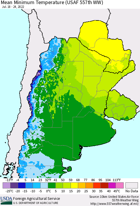 Southern South America Mean Minimum Temperature (USAF 557th WW) Thematic Map For 7/18/2022 - 7/24/2022