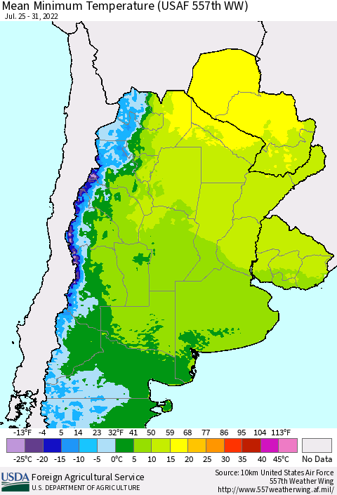 Southern South America Mean Minimum Temperature (USAF 557th WW) Thematic Map For 7/25/2022 - 7/31/2022
