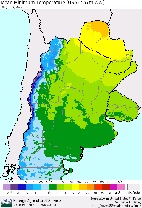 Southern South America Mean Minimum Temperature (USAF 557th WW) Thematic Map For 8/1/2022 - 8/7/2022