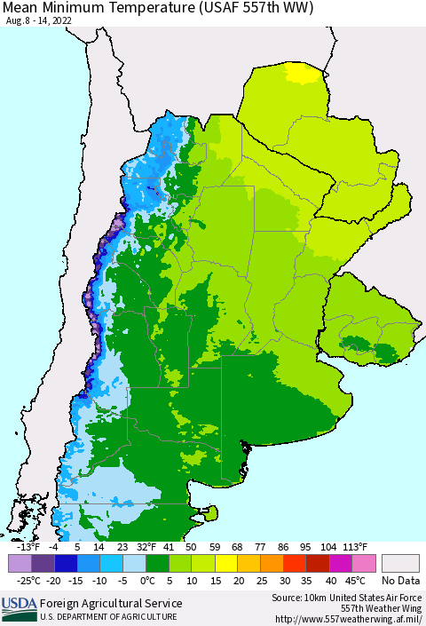 Southern South America Mean Minimum Temperature (USAF 557th WW) Thematic Map For 8/8/2022 - 8/14/2022