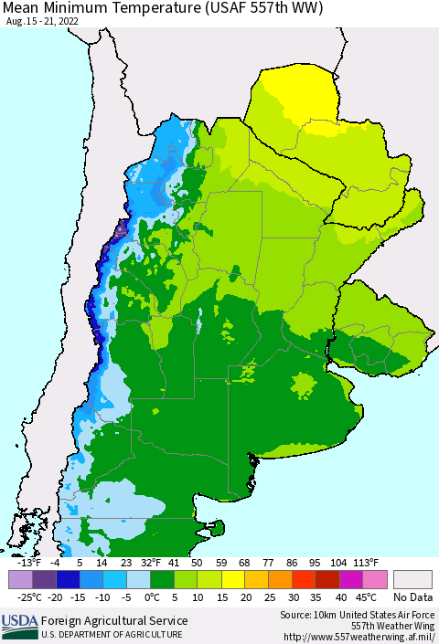 Southern South America Mean Minimum Temperature (USAF 557th WW) Thematic Map For 8/15/2022 - 8/21/2022