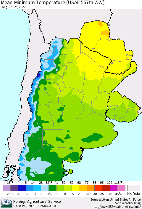 Southern South America Mean Minimum Temperature (USAF 557th WW) Thematic Map For 8/22/2022 - 8/28/2022