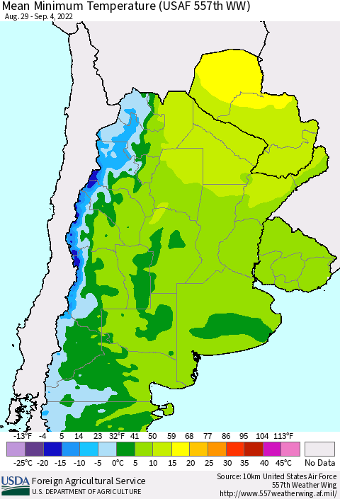 Southern South America Mean Minimum Temperature (USAF 557th WW) Thematic Map For 8/29/2022 - 9/4/2022