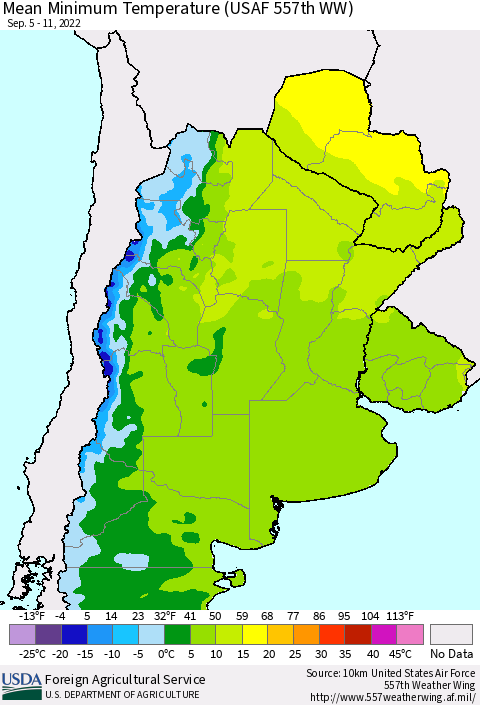 Southern South America Mean Minimum Temperature (USAF 557th WW) Thematic Map For 9/5/2022 - 9/11/2022