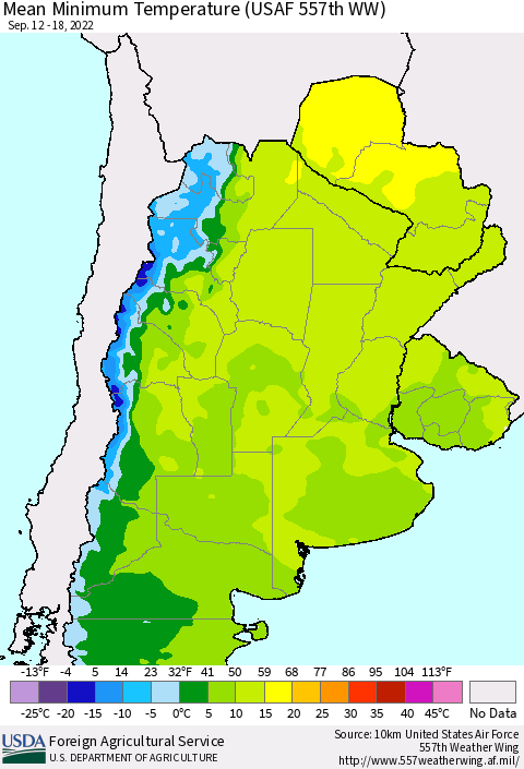 Southern South America Mean Minimum Temperature (USAF 557th WW) Thematic Map For 9/12/2022 - 9/18/2022