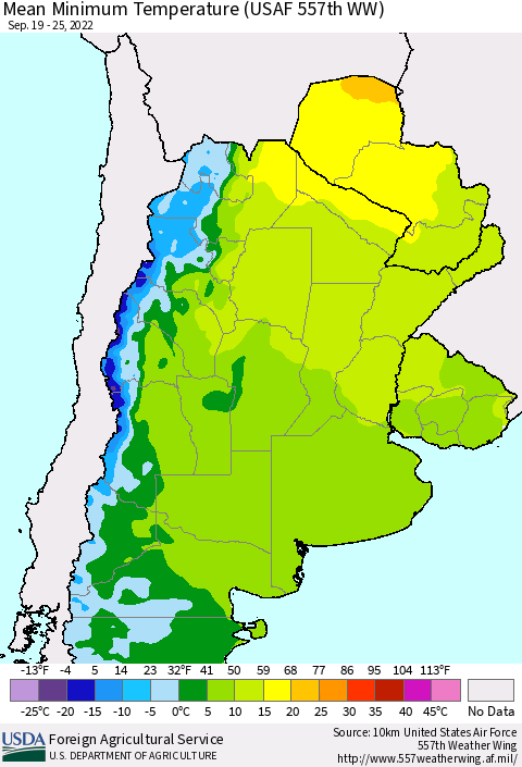Southern South America Mean Minimum Temperature (USAF 557th WW) Thematic Map For 9/19/2022 - 9/25/2022