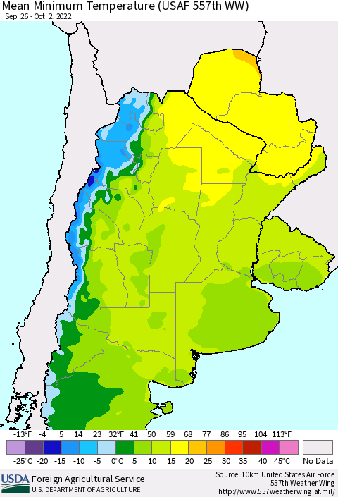 Southern South America Mean Minimum Temperature (USAF 557th WW) Thematic Map For 9/26/2022 - 10/2/2022