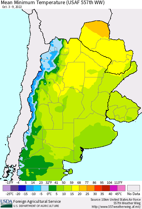 Southern South America Mean Minimum Temperature (USAF 557th WW) Thematic Map For 10/3/2022 - 10/9/2022