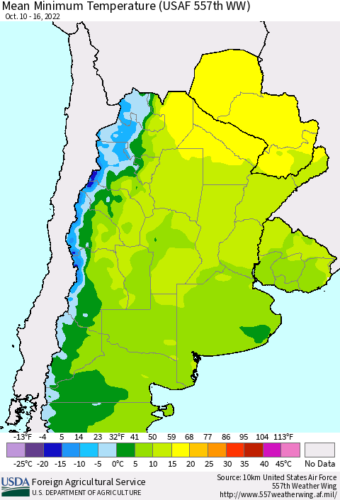 Southern South America Mean Minimum Temperature (USAF 557th WW) Thematic Map For 10/10/2022 - 10/16/2022
