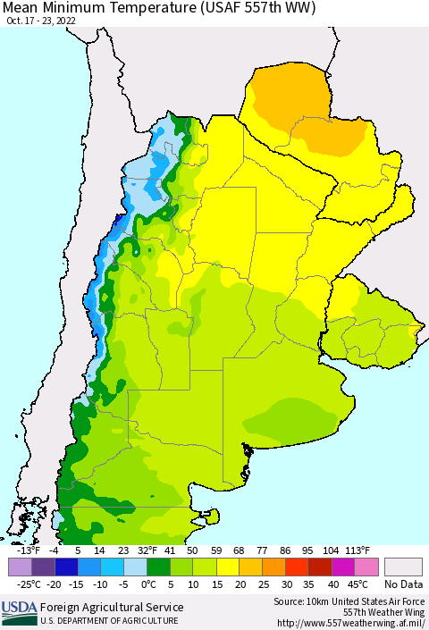 Southern South America Mean Minimum Temperature (USAF 557th WW) Thematic Map For 10/17/2022 - 10/23/2022