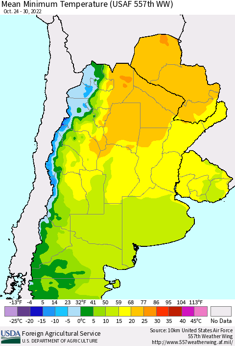 Southern South America Mean Minimum Temperature (USAF 557th WW) Thematic Map For 10/24/2022 - 10/30/2022