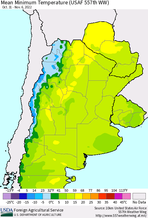 Southern South America Mean Minimum Temperature (USAF 557th WW) Thematic Map For 10/31/2022 - 11/6/2022