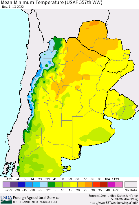 Southern South America Mean Minimum Temperature (USAF 557th WW) Thematic Map For 11/7/2022 - 11/13/2022