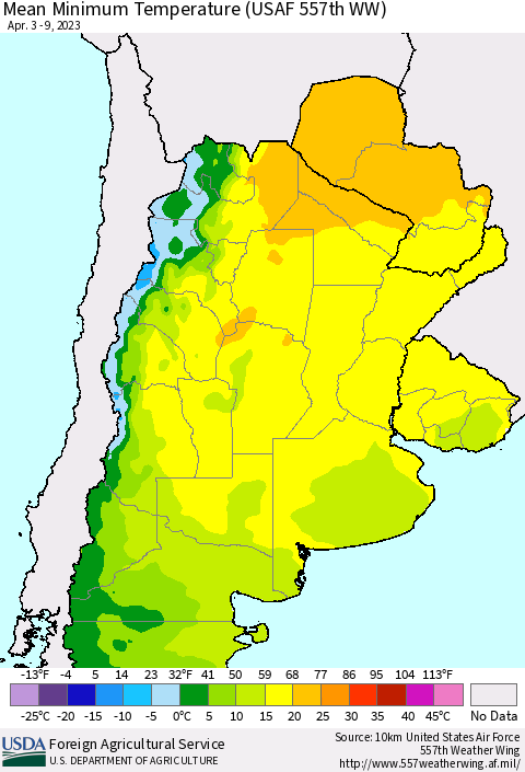 Southern South America Mean Minimum Temperature (USAF 557th WW) Thematic Map For 4/3/2023 - 4/9/2023