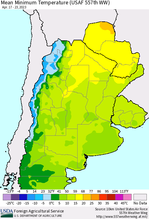 Southern South America Mean Minimum Temperature (USAF 557th WW) Thematic Map For 4/17/2023 - 4/23/2023